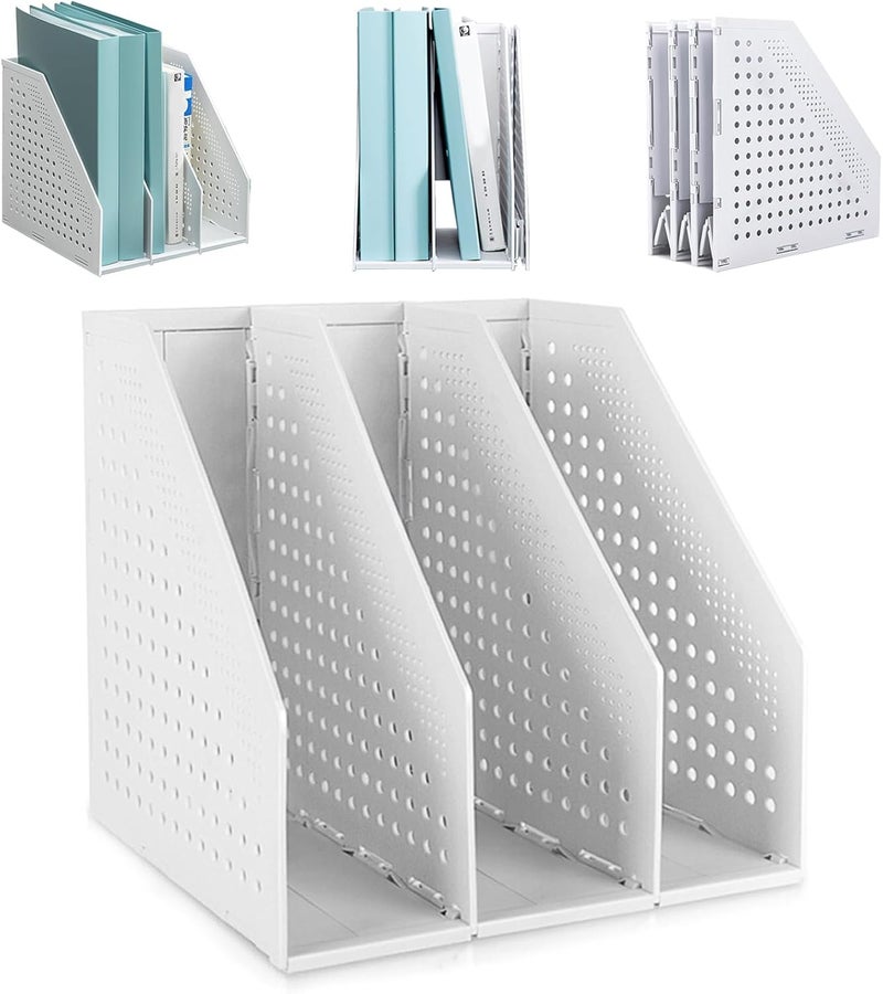 SAYEEC 1Pcs Collapsible Plastic Magazine File Holder Vertical Binder Storage Organizer for Desk Sturdy Upright Desktop Magazine Organizer Folder Rack for Office School Home (3 Compartments, Gray) - Image 1